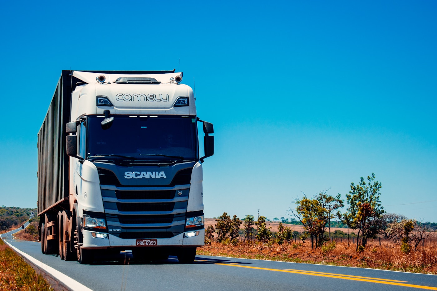 Commercial transport truck travelling on a highway